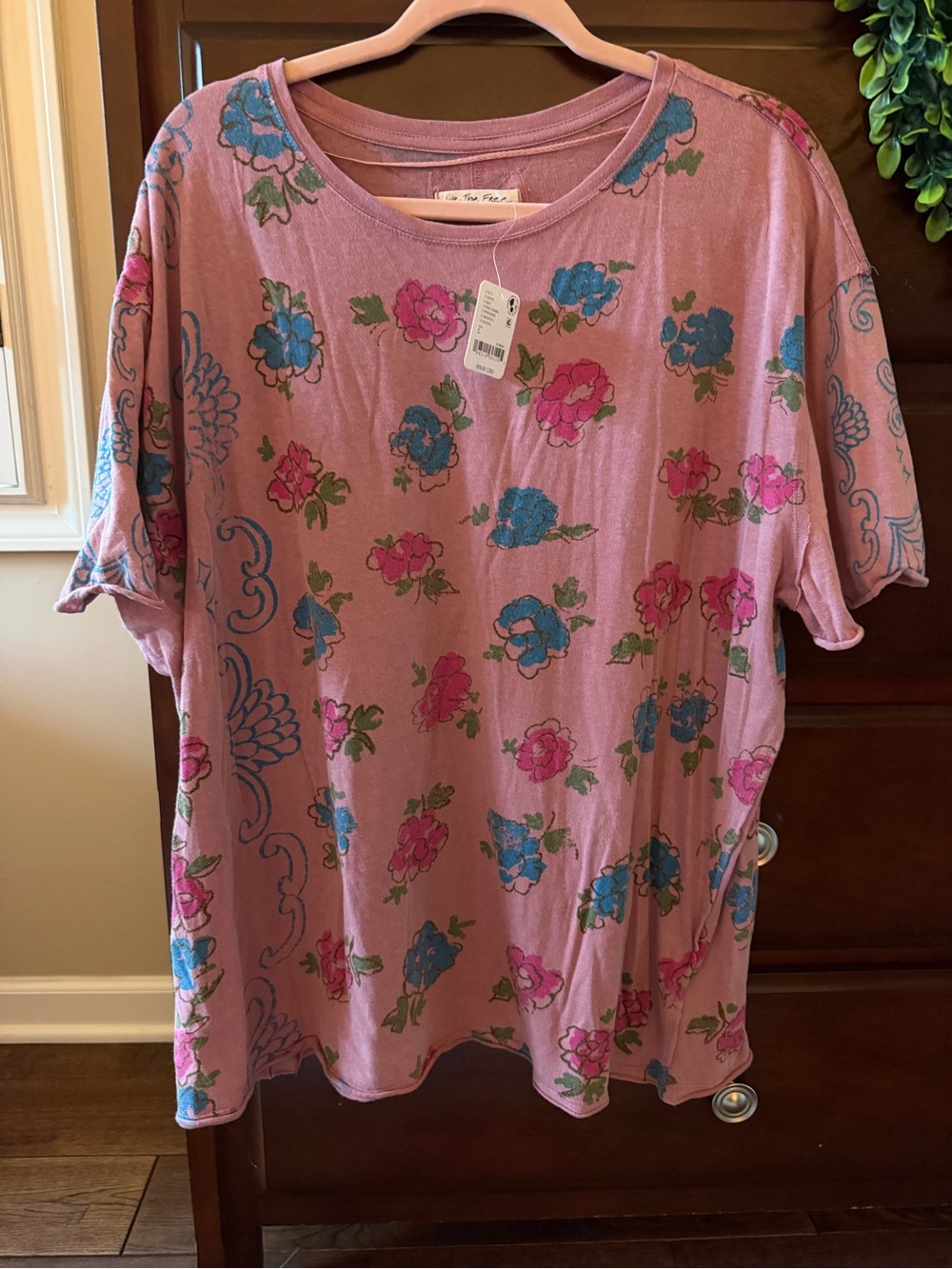 We The Free Pink Floral Tee with Blue Accents